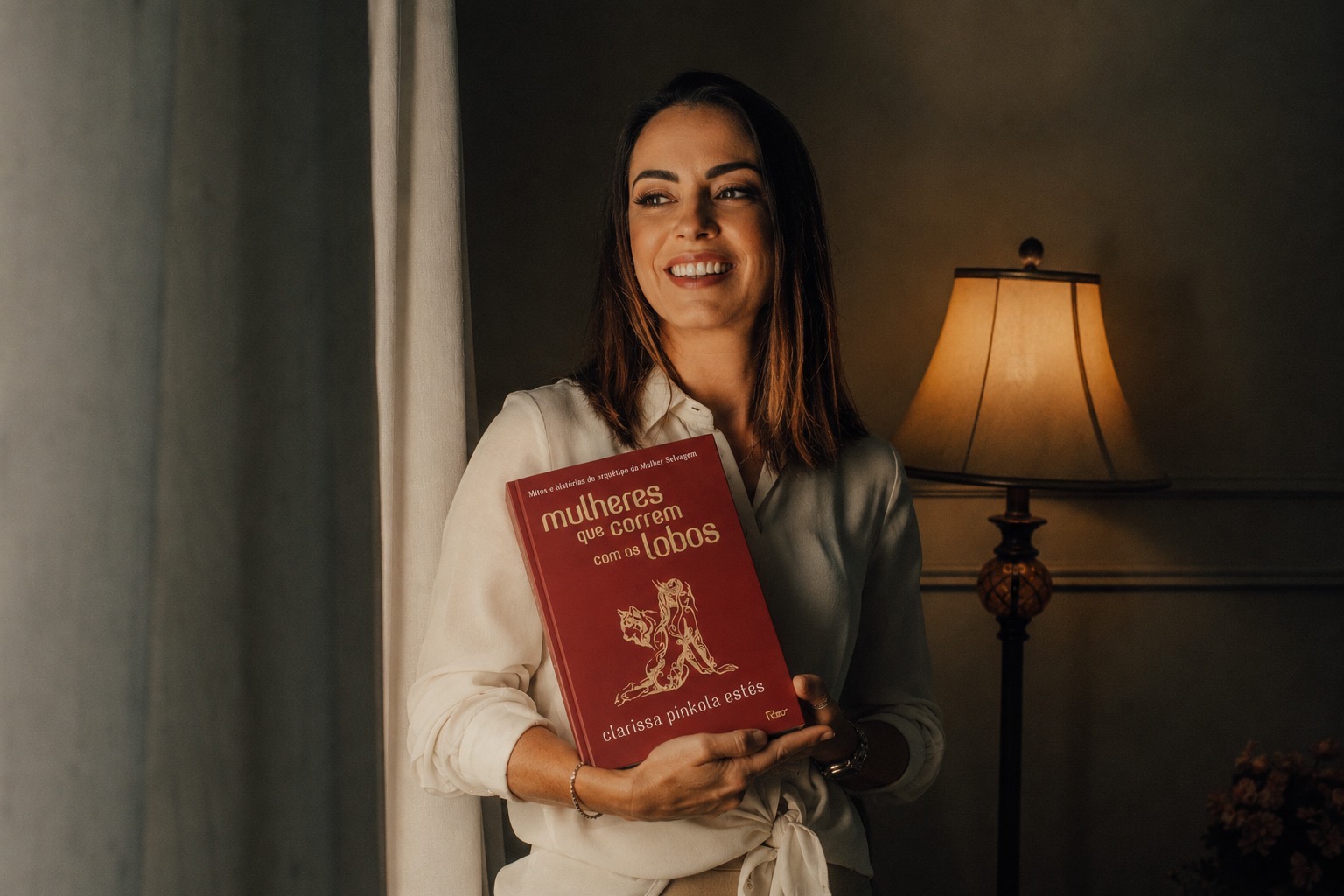 Michelle Jacques segurando o livro Mulheres que Correm com os Lobos